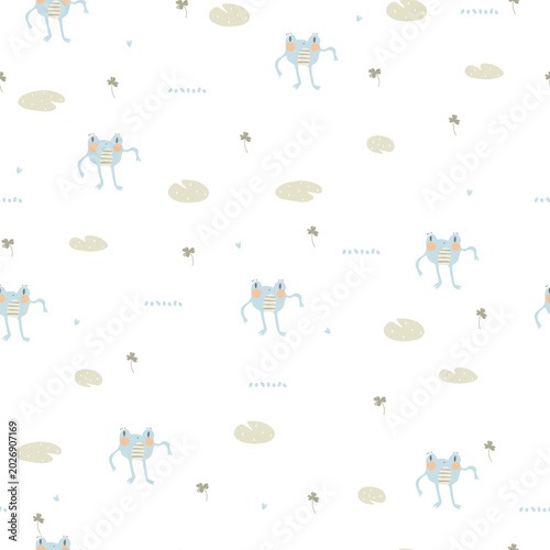 Vászonkép Hand draw pattern with cute frogs, dots, hearts and lily leaves on white background