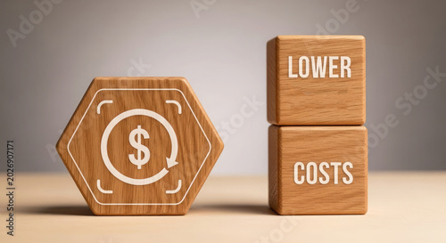 Wooden blocks with cost reduction concept, lower costs, saving money, finance and economy, business strategy, dollar sign, arrows, hexagon, cubes