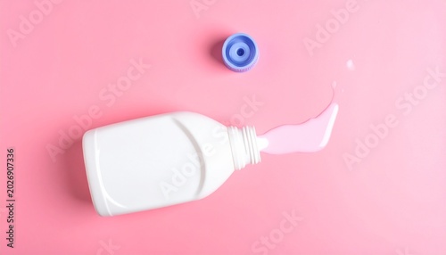 Spilled white lotion bottle with blue cap on pink background.