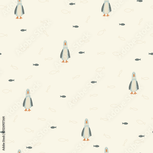 Hand drawn pattern with cute penguins and fishes. Vector illustration.