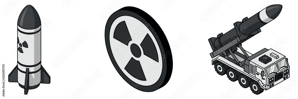Fototapeta premium Nuclear missiles and hazard symbol displayed as isometric icons