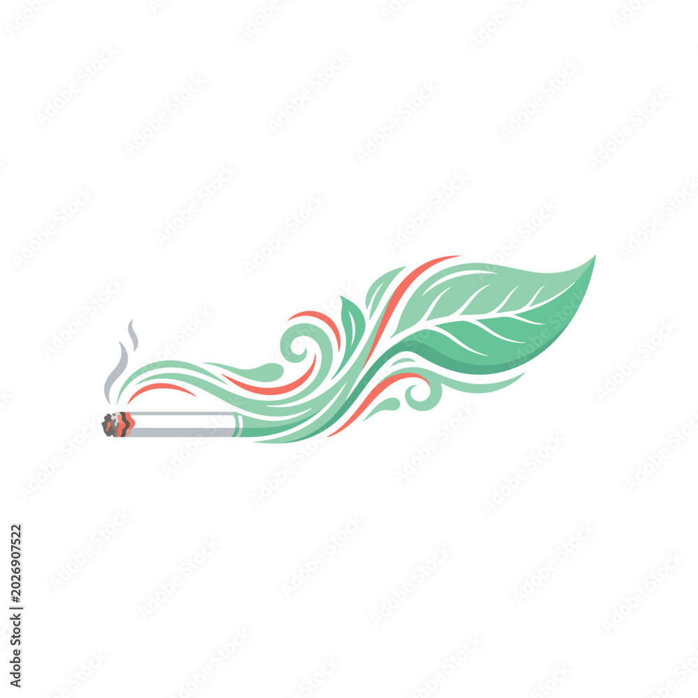 Obraz premium Lit cigarette transforming into a natural green leaf with decorative swirling smoke patterns in a stylized modern vector art design