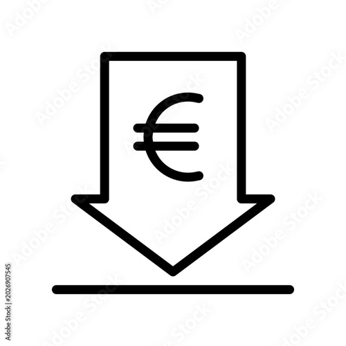 Minimalist vector icon illustration of a downward arrow with a euro sign inside, representing price drop, cost reduction, financial decrease, or economic deflation.