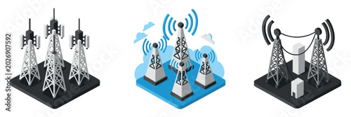 Cellular communication towers transmitting signals on plain background