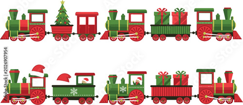 Foto Cute Christmas Train Icon Set with Holiday Steam Engine, Christmas Tree, Gift B