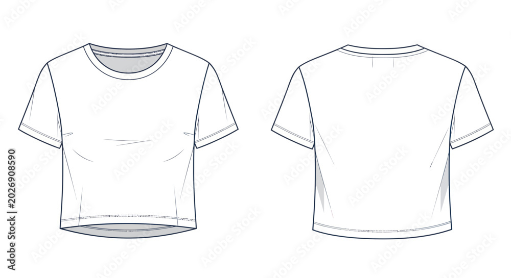 Fototapeta premium Blank White Cropped T-Shirt Fashion Flat Sketch - Front and Back View