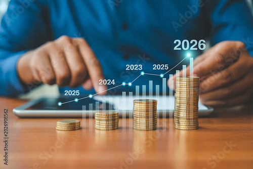 Stacks of coins and growing graph showing financial projections for 2026.