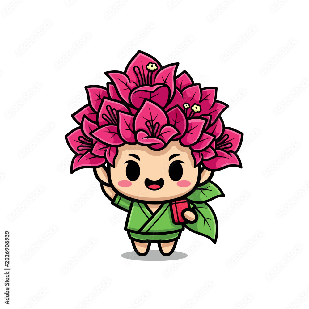 Obraz premium Cute cartoon mascot character of a bougainvillea plant with pink flower petals on its head wearing a green kimono and holding a red book, isolated on white background vector illustration.