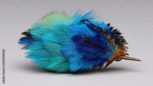 Studio shot of single gradient feather from light teal blue to dark navy blue, pure white background, angled composition, diffused light with subtle shadow.