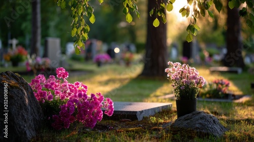 In a tranquil cemetery, vibrant flowers in shades of pink and purple adorn gravestones, bathed in soft golden light as the sun sets. The scene whispers of remembrance and peace