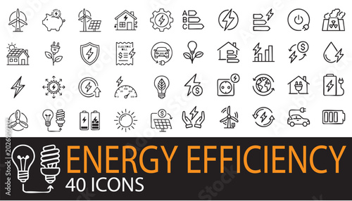 Energy efficiency line icons set for web and mobile, modern minimalistic flat design.