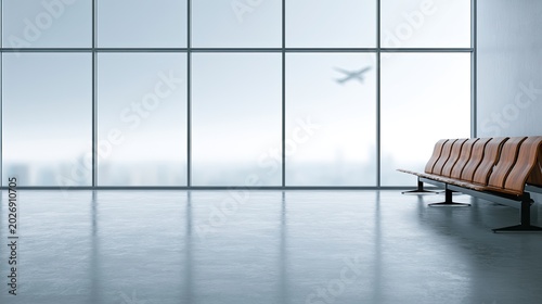 Empty waiting area with large windows and distant airplane