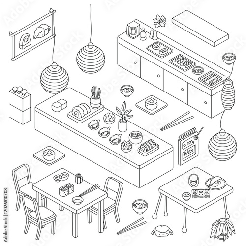 Isometric sushi restaurant interior line tables and food