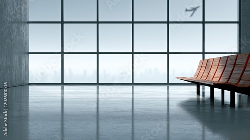Modern airport waiting area with panoramic window, lone bench, and distant plane