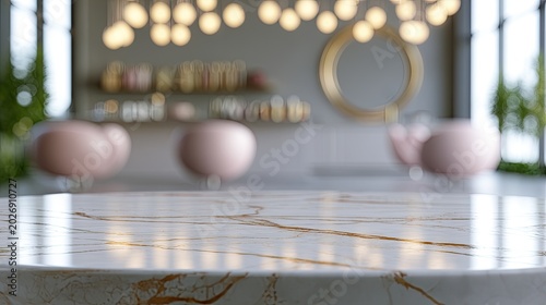 Luxurious marble surface in foreground, soft focus interior with round chairs & lights