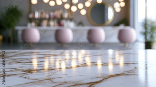 Blurred interior of a stylish lounge with pink stools and warm lighting