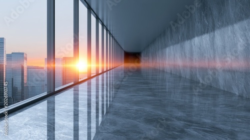Modern, sunlit hallway with marble floor reflecting city skyline