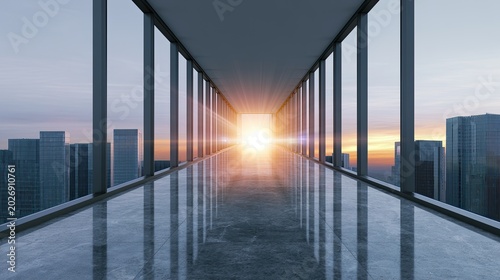 Futuristic glass walkway overlooking a city at sunrise