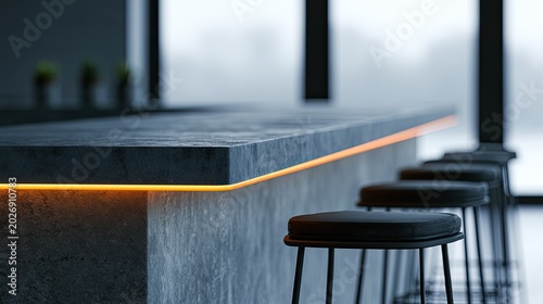 Modern bar with concrete counter, orange LED lighting, and sleek stools