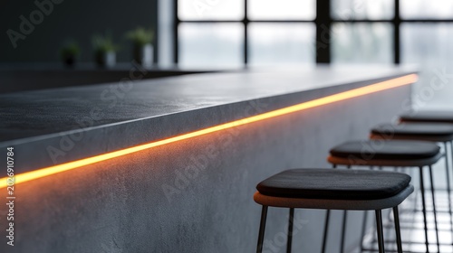 Modern kitchen counter with orange accent lighting and bar stools