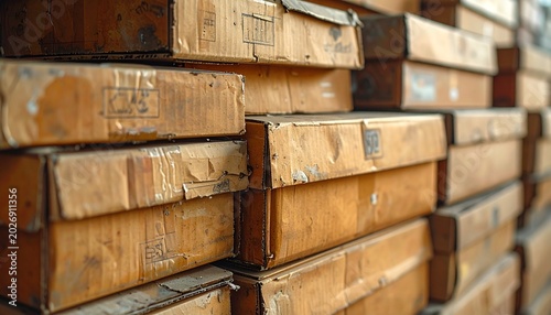 Stacked cardboard boxes create a textured background pattern.