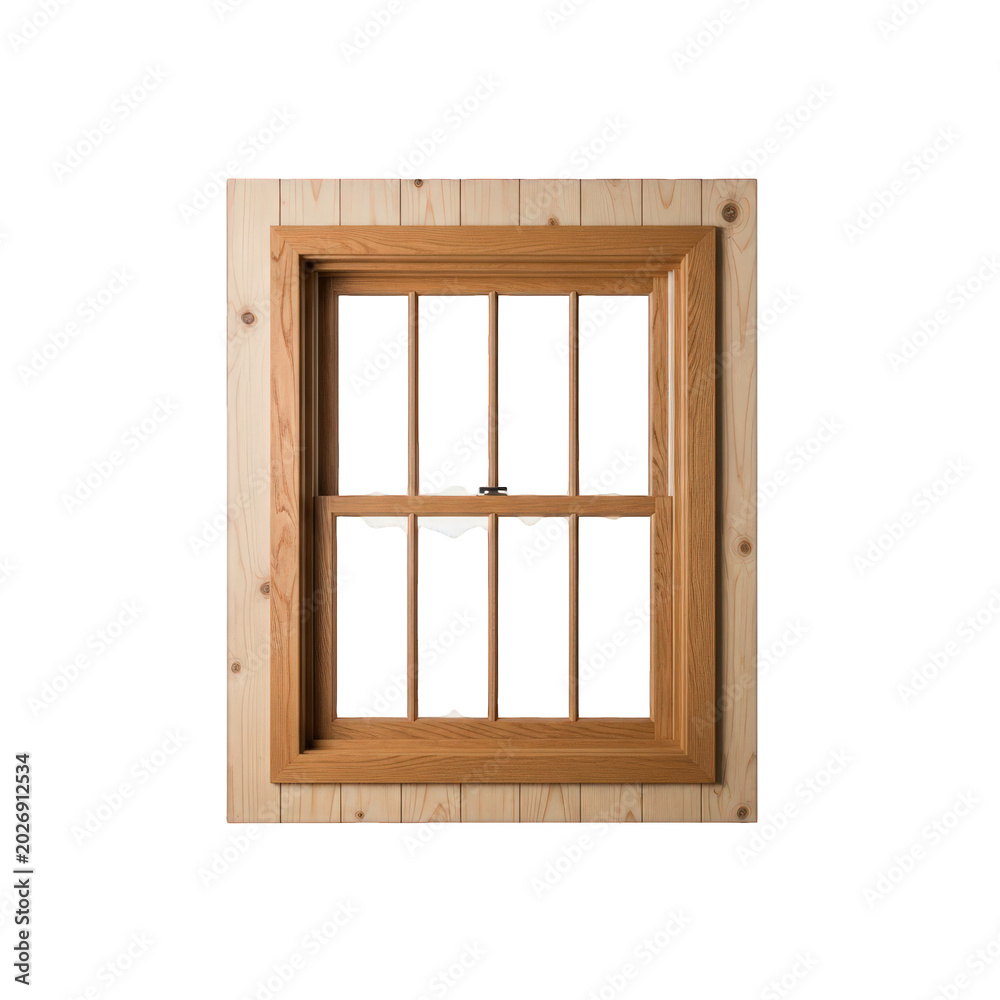 Obraz premium Wooden framed window with grid panes isolated on transparent background