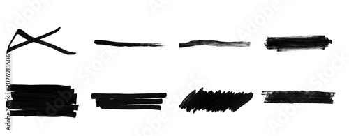 Confidential Information Redaction Marks Set, Black Marker Censor Strokes Collection, Privacy Protection Brush Smears PNG on Transparent Background