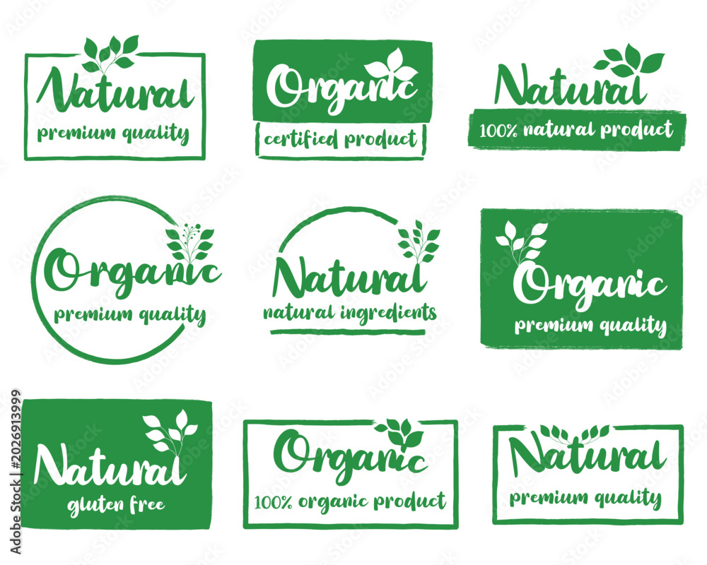 Fototapeta premium Collection of natural and organic labels with leaves on a white background