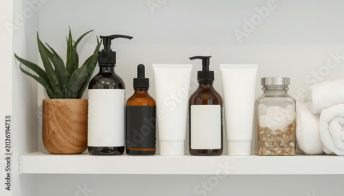 There is a shelf with bottles, soaps, and other items on it
