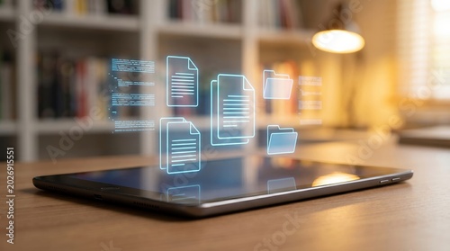 Digital document management on a tablet device with holographic icons displaying files and folders