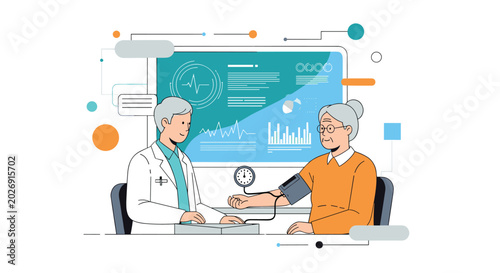 Medical consultation scene with a doctor checking an elderly woman's blood pressure using digital healthcare monitoring technology.