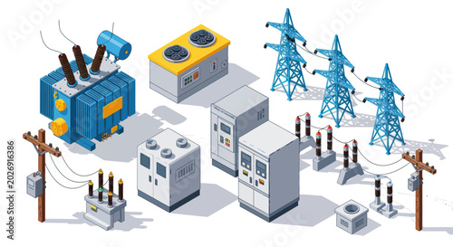 Electrical Power Station Equipment: Transformer, Substation, Power Lines, Generator