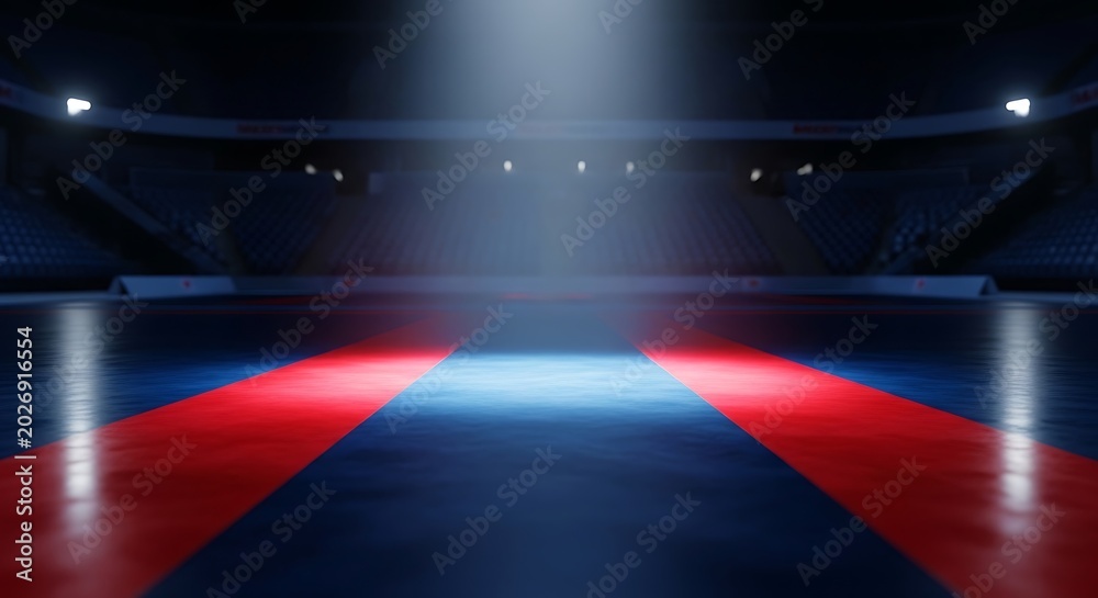 Naklejka premium Empty sports arena with red and blue wrestling mat under a central spotlight.