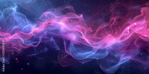 Abstract glowing mist blending pink and blue colors in smooth flowing waves across a futuristic dark space background.