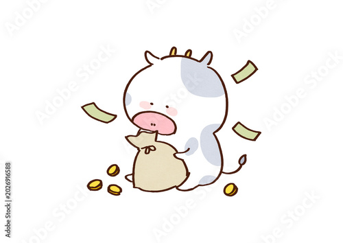 Bild auf Leinwand Cow holding a lot of bills and coins, cash cow concept