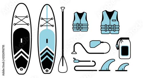 Stand Up Paddleboard Gear Set Flat Lay Icon Illustration