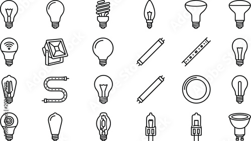 Bild auf Leinwand Light Bulb and Electric Lamp Line Icon Set Featuring Energy Saving LED Halogen I