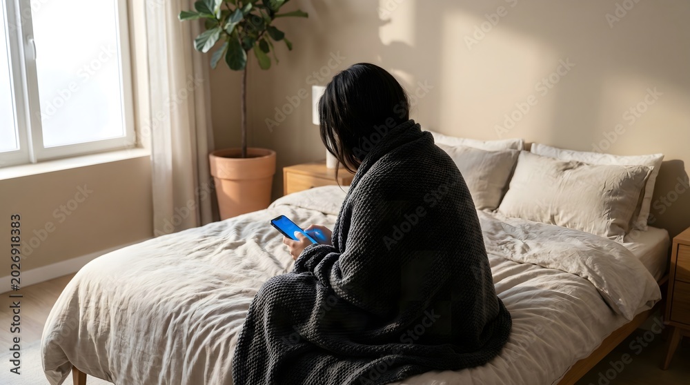 Fototapeta premium Thoughtful and weary girl in blanket sitting on messy bed with smartphone struggling with mental health relapse