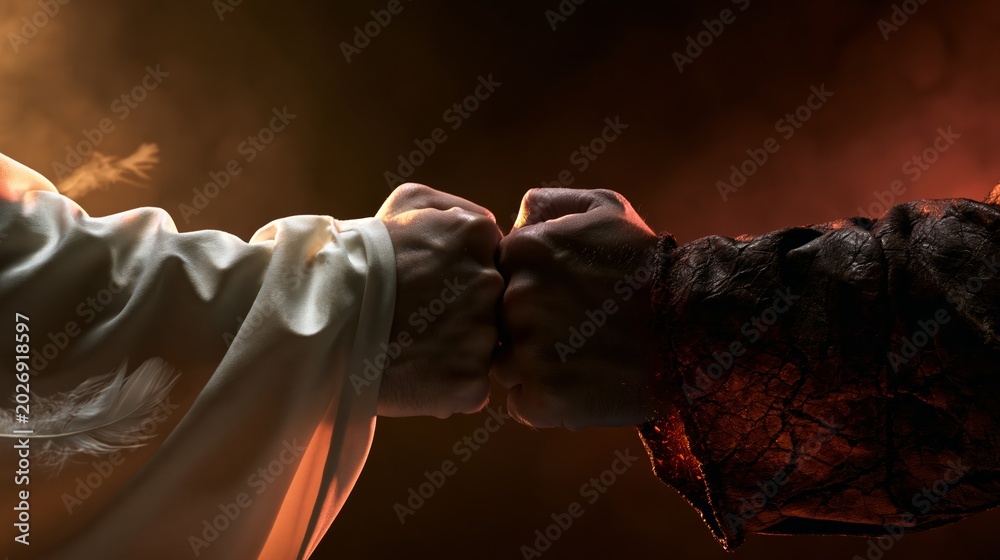 Obraz premium A white heavenly arm and a dark arm pushing flat fists against each other in an angel versus demon spiritual conflict concept.
