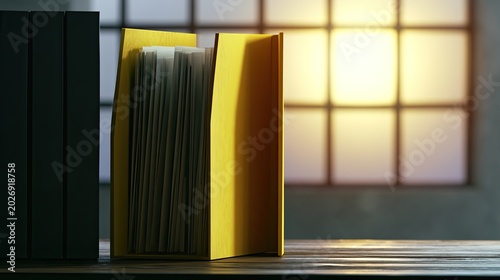 Focused view of a bright yellow file folder filled with documents on a wooden desk