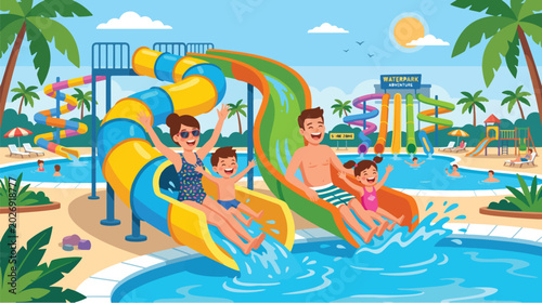 Happy family enjoying a fun day at a colorful waterpark with slides and pools