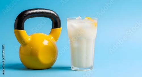 Healthy lifestyle and fitness with a yellow kettlebell and a refreshing drink on a blue background