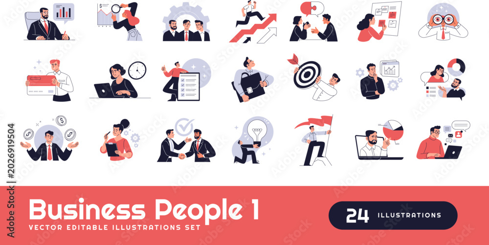 Fototapeta premium Business people collection in flat vector style. Teamwork, leadership, analytics, communication, strategy, and office workflow concepts. Isolated business characters on a transparent background.