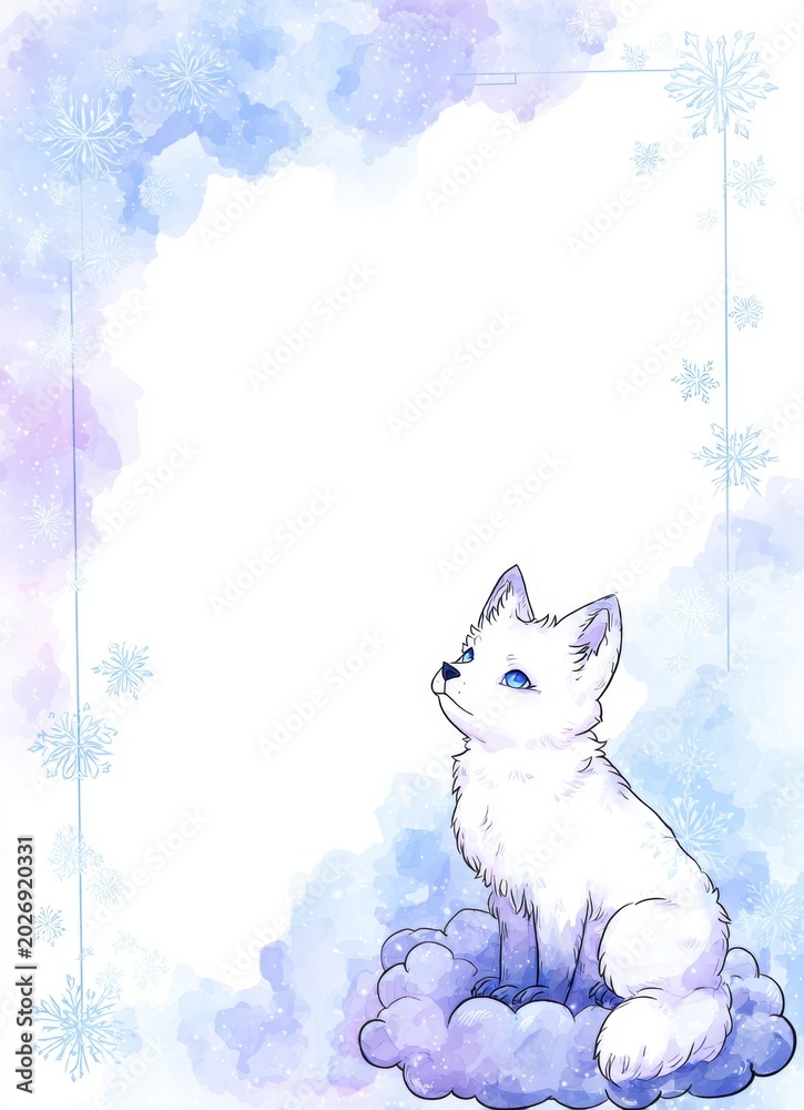 Naklejka premium Watercolor illustration of a white fox pup sitting on a purple cloud. Vertical winter animal art with snowflakes and blue eyes. Copy space for text on white background