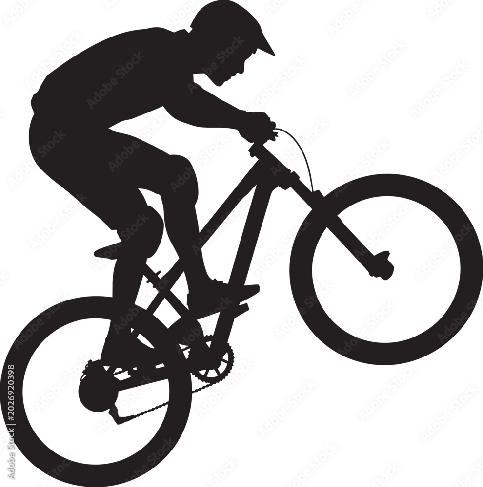 Obraz premium Mountain biker performing a jump on a bicycle, silhouette illustration of extreme sports athlete in action, dynamic pose on bike
