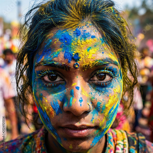 Young woman celebrating Holi with colorful powder on her face  