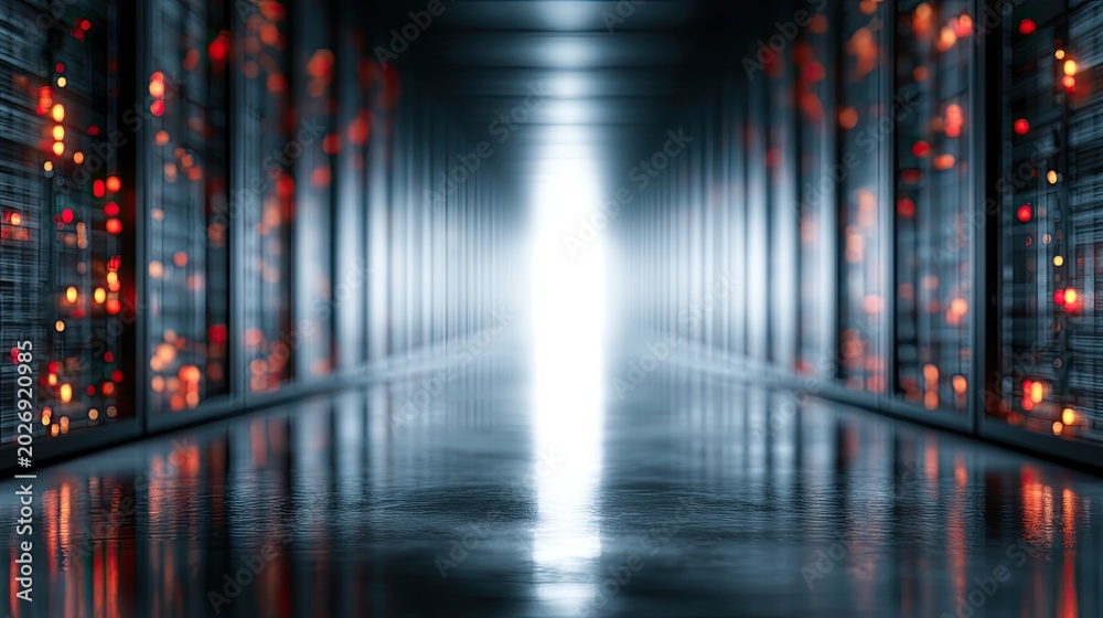 Fototapeta premium Futuristic data center with glowing server racks stretching into bright white light