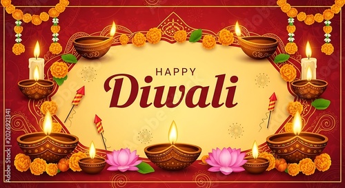Festive Diwali Greeting with Glowing Oil Lamps and Marigold Garland on Red Background