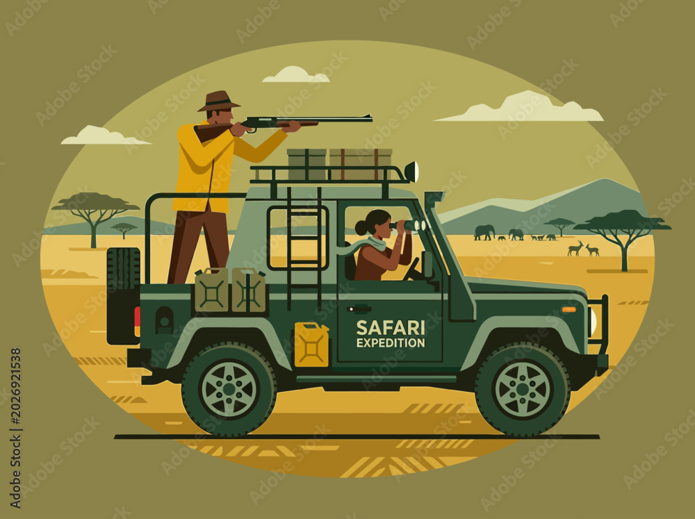 Fototapeta premium Safari Expedition Illustration with Off-Road Vehicle and Wildlife in African Savanna Flat Design Style
