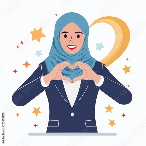 Woman in Hijab Forms Heart Shape with Hands, Surrounded by Stars and Crescent Moon